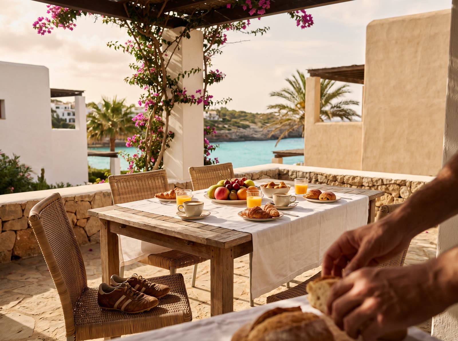 Frühstück auf der Terrasse mit Meerblick, Fußballschuhe auf dem Stuhl