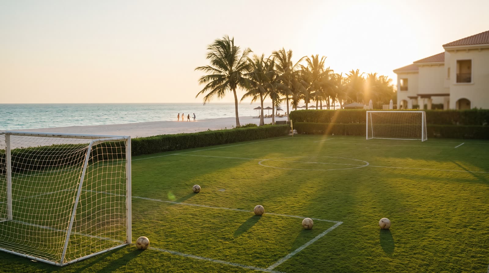 Fußballplatz auf dem Hotelgelände direkt am Meer im Abendlicht