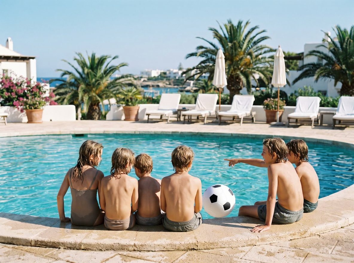 Kinder sitzen nach dem Training mit den Beinen im Pool, ein Ball treibt im Wasser