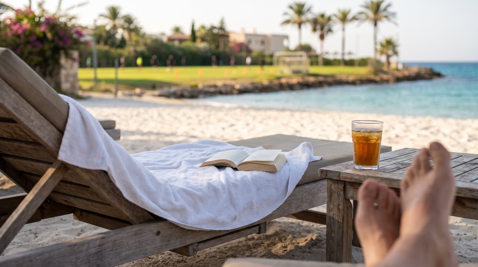 Strandliege mit Buch und kaltem Getränk, dahinter unscharf ein Fußballplatz