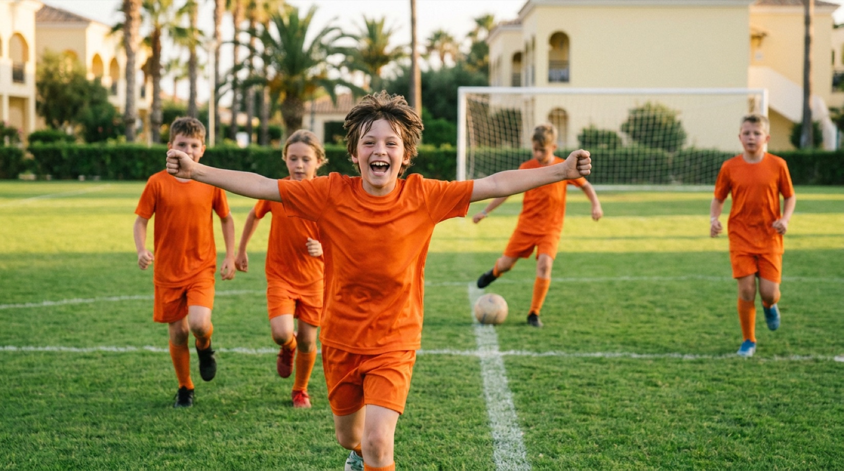 Kind in orangem Trikot jubelt nach einem Tor, Mitspieler laufen hinterher, Palmen und Resort dahinter