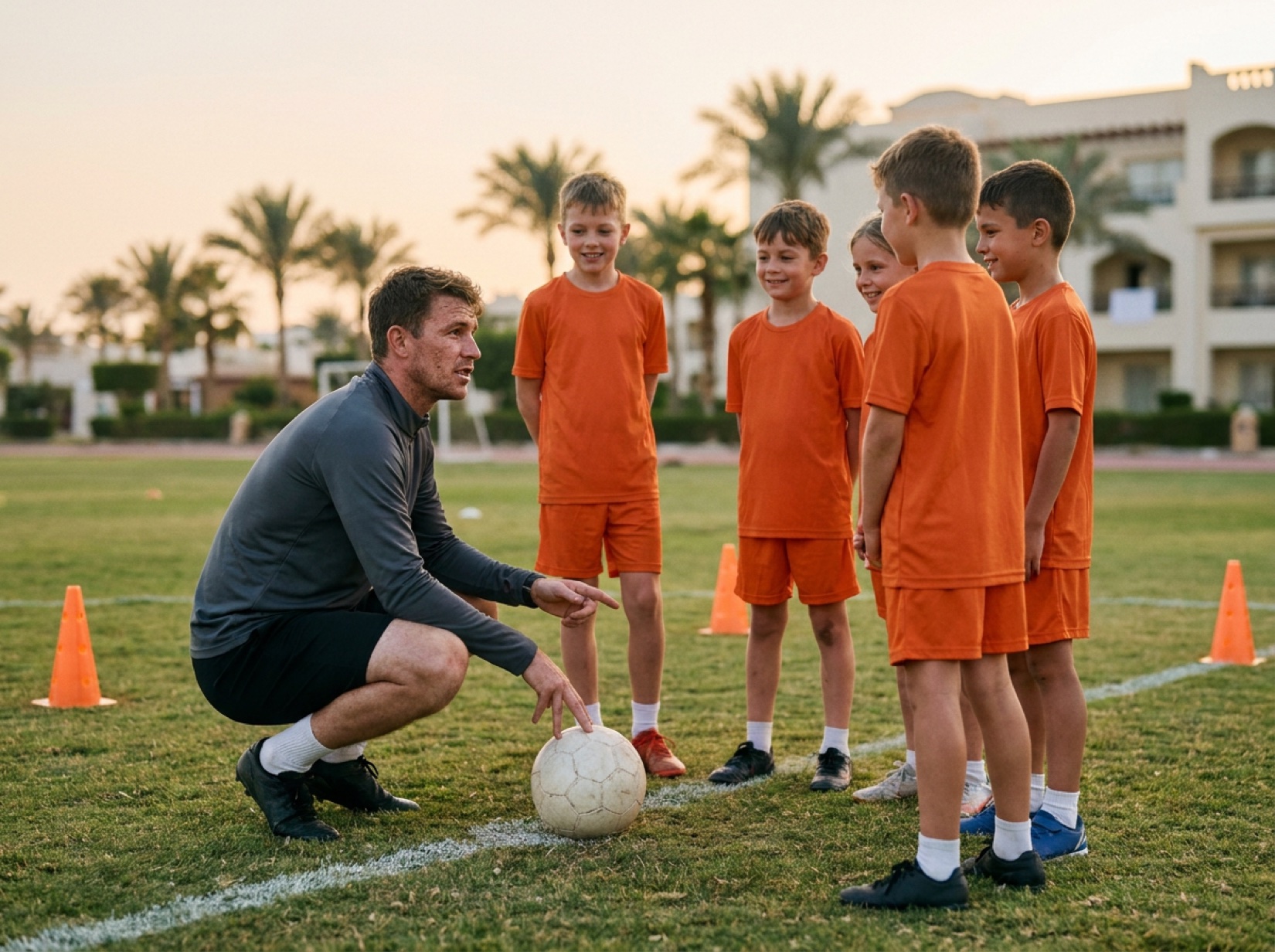Trainer erklärt fünf Kindern in orangen Trikots eine Übung am Spielfeldrand